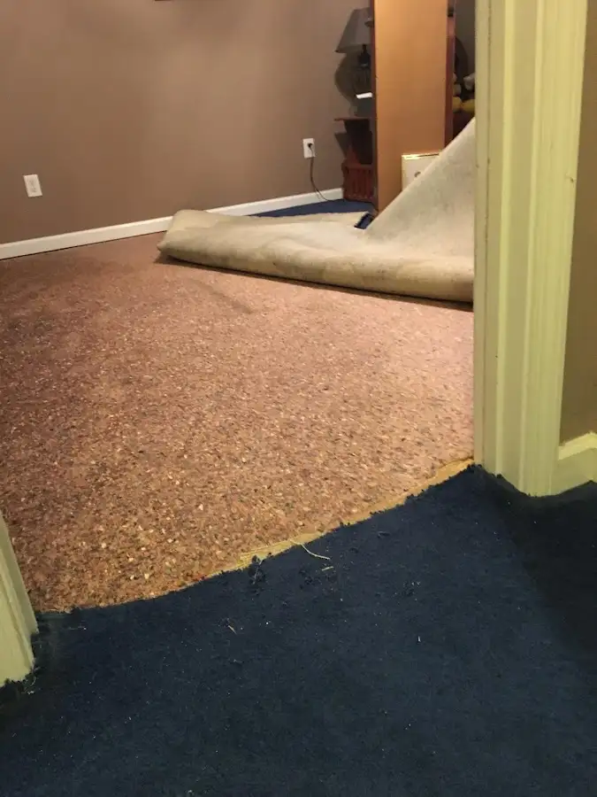Carpet pad removal revealing water damage during Water Mitigation Services in Syracuse